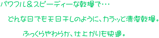 パワフル&スピーディーな乾燥で・・・ どんな日でも天日干しのように、カラッと清潔乾燥。 ふっくらやわらか、仕上がりも快適。